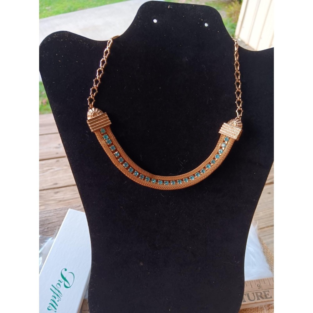 Victorian Gold tone chain mesh blue rhinestone choker necklace